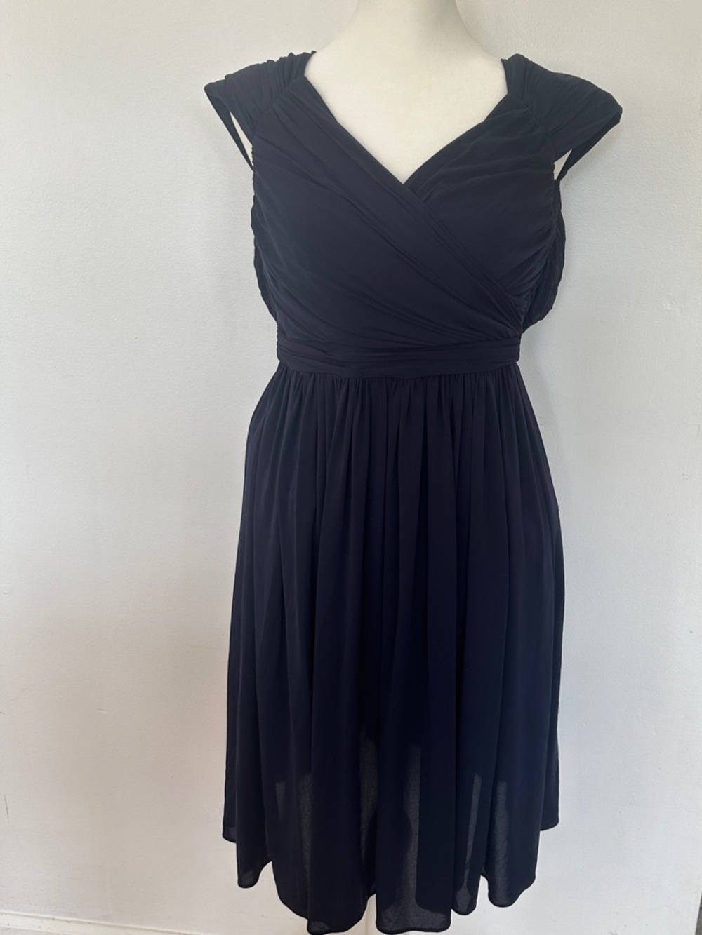 J. Crew Navy Pleated V-Neck Chiffon Midi Dress